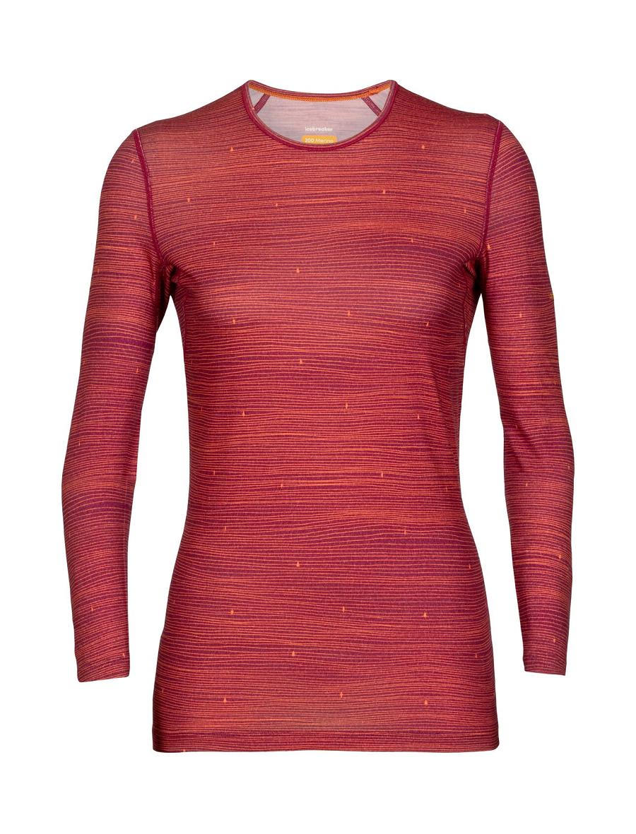 Women's Icebreaker Merino 200 Oasis Long Sleeve Crewe Ski Tracks Base Layers Cherry / Flash | CA 1124PJJQ